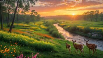 Deer Grazing by River at Sunset with Meadow and Flowers photo