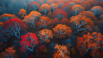 Aerial View of Autumnal Forest with Colorful Trees and Fog photo