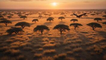 Eagle Soaring Over Savanna Landscape with Trees at Warm Sunset photo