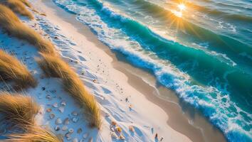 Ocean Waves Crashing on Sandy Beach with Sea Grass at Sunset photo