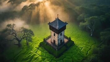 Ancient Stone Tower Amidst Green Hills with Dramatic Sun Rays photo