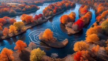 Aerial View of River Winding Through Autumnal Forest with Vivid Colors photo