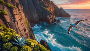 Seabird Flying Over Cliffside Coastline with Waves During Sunset photo