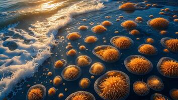 Ocean Wave Approaching Shore with Many Orange Spiky Sea Anemones photo
