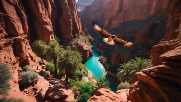 Eagle Soaring Above the Desert Canyon with River and Palm Trees photo