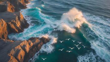 A group of birds flying over a body of water photo