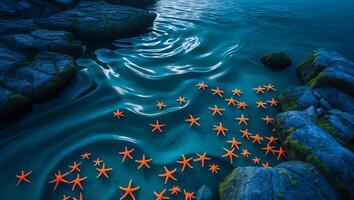 Starfish Floating in Cool Blue Water by Rocky Shoreline Scene photo