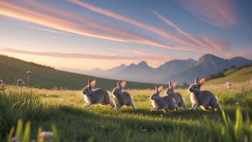 Rabbits Running Across Grassy Field Towards Mountains at Sunset photo