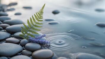 Fern and Lavender on Smooth Stones at Water's Edge with Ripples photo
