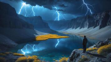Person Watching Lightning Storm Over Mountain Lake Scenic Landscape photo