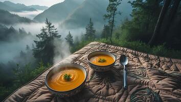 Enjoying Hot Soup Outdoors with Foggy Mountain View for Serenity photo