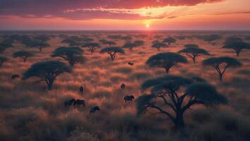 Animals Grazing in Field at Dusk with Scattered Trees and Sun photo