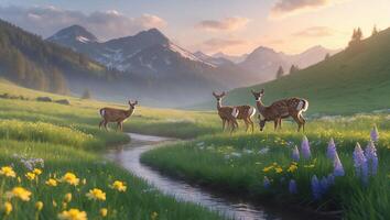 Deer Grazing in Meadow by Stream with Mountain Scenery photo