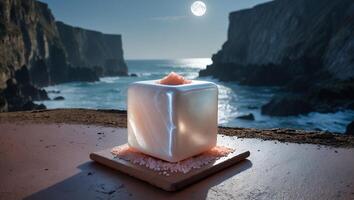 Salt Cube with Pink Salt and Moonlit Ocean Backdrop Concept photo