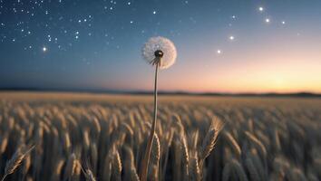 Dandelion in Field at Night with Grains and Starry Sky photo