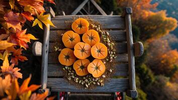Arrangement of Cut Persimmons with Pistachios on Rustic Wooden Surface photo