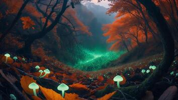 Glowing Mushrooms in Autumn Forest with Sparkling Light and Fallen Leaves photo