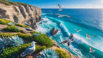 Seagulls Flying Over Coastal Cliffs with Turquoise Waves and Green Plants photo
