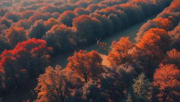 Deer Standing in Autumn Forest with Colorful Trees Aerial View photo