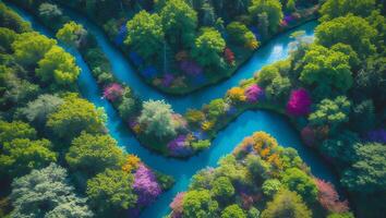 Aerial View of Winding River Through Lush Colorful Forest Scenery photo