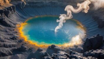 Geothermal Pool with Colorful Ring and Rising Steam on Rocky Landscape photo