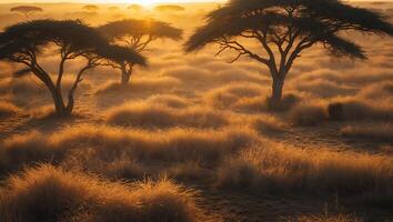 Trees in Golden Field at Sunrise with Hazy Background photo