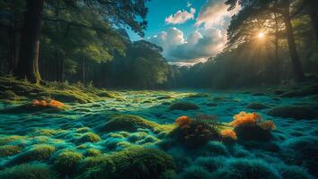 Lush Mossy Forest Glade at Sunrise with Glowing Light photo