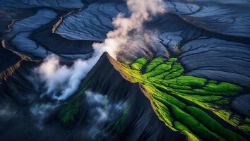 Aerial View of Volcanic Mountain with Smoke and Green Valley photo