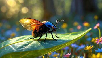 Beetle Resting on a Green Leaf Surrounded by Wildflowers in Nature photo