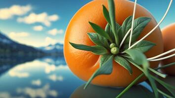 Orange Fruit with Green Leaves Against Blurred Mountain Lake Backdrop photo