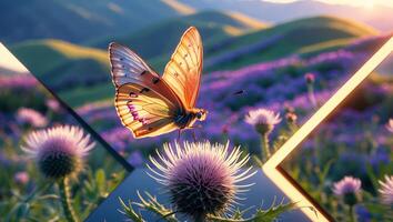 Butterfly Resting on Thistle Flower in Field at Sunset with Glow photo