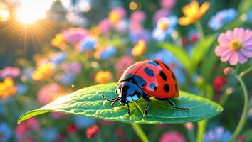 Ladybug Resting on Green Leaf Amidst a Colorful Flower Meadow photo