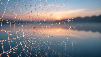 Spiderweb with Dew Drops Against Sunrise Reflection in Water photo