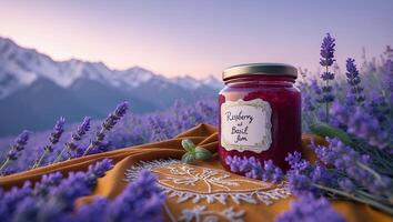 Homemade Raspberry Basil Jam Jar Displayed Among Lavender Flowers photo