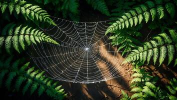 Spiderweb Covered in Dewdrops Hanging Between Ferns in Forest photo