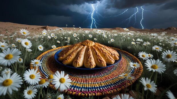 Pastry Pie on Colorful Mat in Daisy Field with Lightning Storm photo