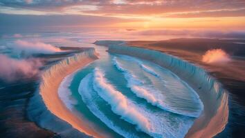 Aerial View of Ocean Waves Crashing on Beach with Colorful Sunset photo