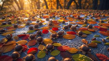 Scattered Acorns and Autumn Leaves on Web-patterned Ground at Sunrise photo