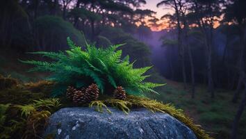 Fern and Pine Cones on Rock in Misty Forest at Sunset photo
