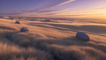 Golden Grassland Hills at Sunset with Scattered Rocks Landscape View photo