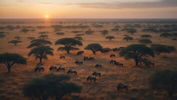 Wildbeest Grazing in Savannah at Sunset with Acacia Trees Landscape photo