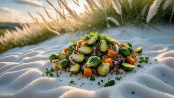Fresh Vegetable Salad with Quinoa and Sunset Field Background photo