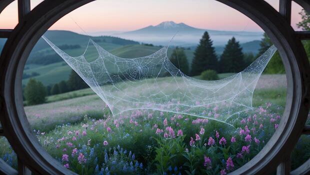 Spiderweb Overlooking Flower Field with Mountain View Through Old Window photo
