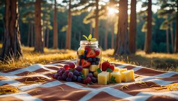Enjoying Fruit and Cheese Picnic in Forest with Warm Sunlight photo