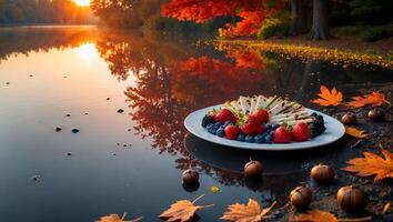 Plate of Food on a Lake Shore During Autumn Sunset photo