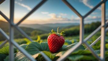 Fresh Strawberry Growing in Field at Sunrise Framed by Metal Structure photo