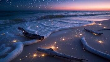 Beach at Twilight Waves Washing Ashore with Driftwood and Starry Sky photo