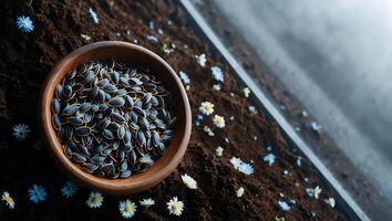 Sunflower Seeds in Wooden Bowl with Small Flowers and Dark Soil photo