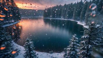 Winter Lake Scenery Through Rainy Window with Snowy Pine Trees photo