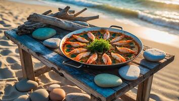 Serving Seafood Paella on Rustic Table at Sandy Ocean Beach photo